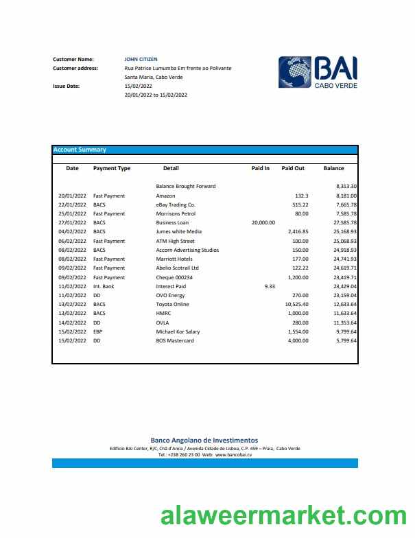 Cabo Verde Banco Africano de Investimentos bank statement Excel and PDF template (AutoSum)